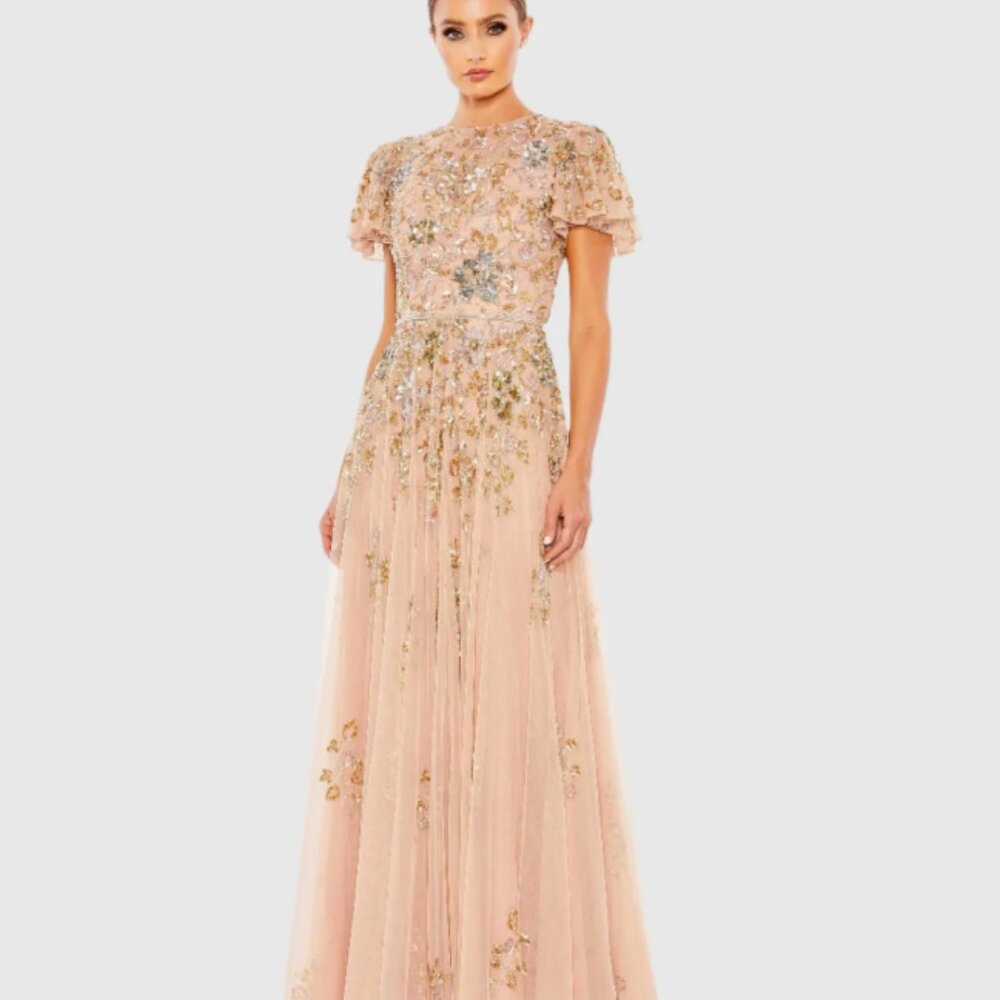Mac Duggal Pink Embellished Butterfly Sleeve High Neck Gown